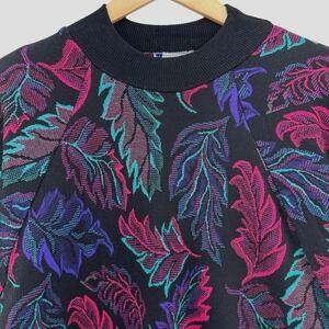 VTG 80s Cape Cod All Over Leaf Print Crewneck Sweatshirt Black Womens M Cosby